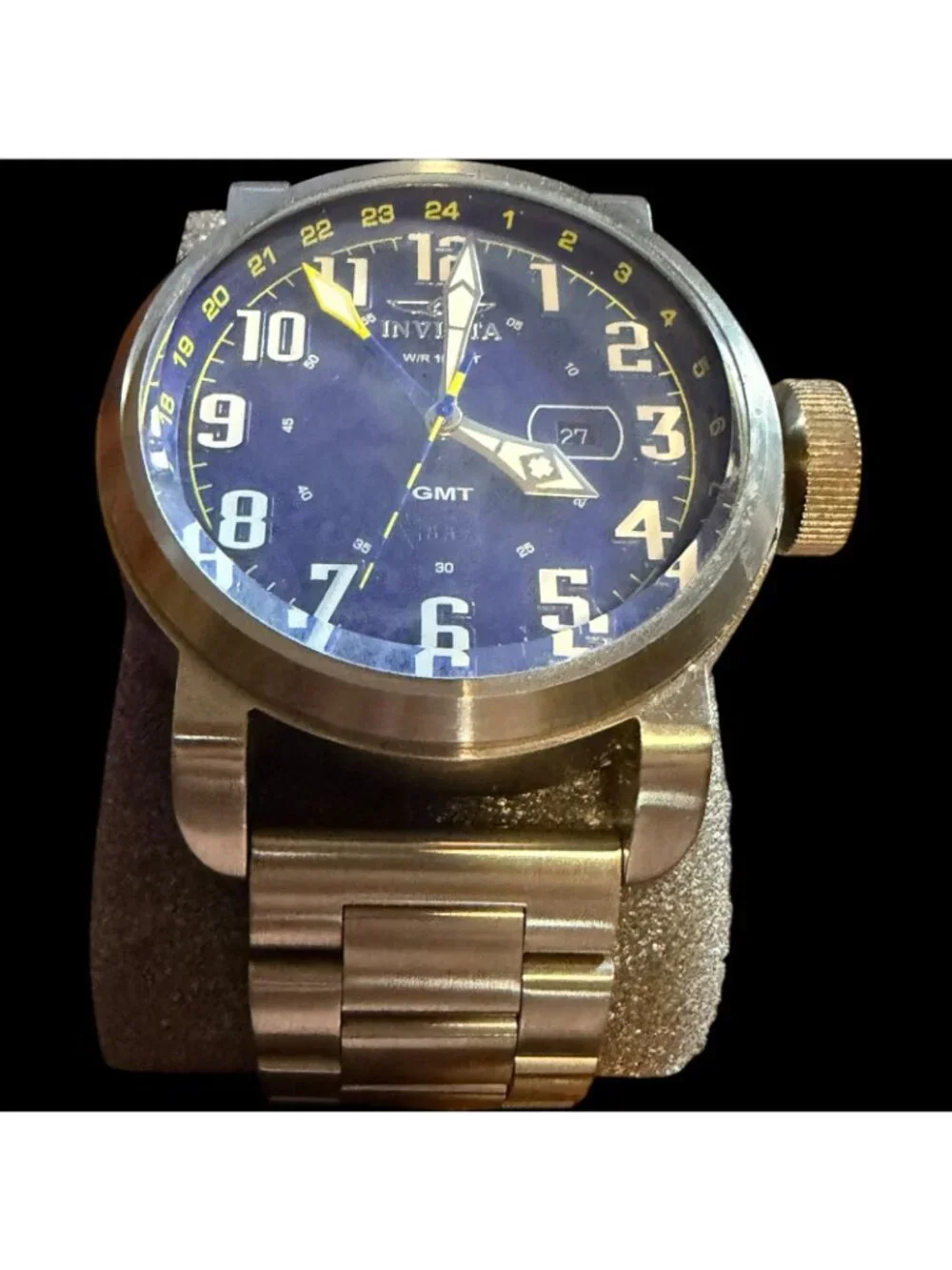 Invicta Mens Model 18887 Blue Dial Stainless Steel GMT Watch 100M Water Resistan